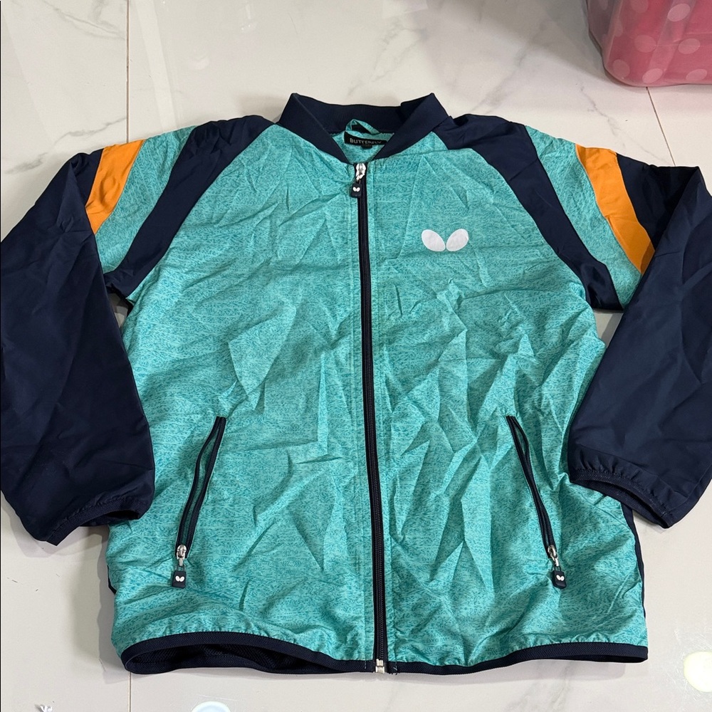 Butterfly Dsigns Teal Navy Jacket with Orange Accents